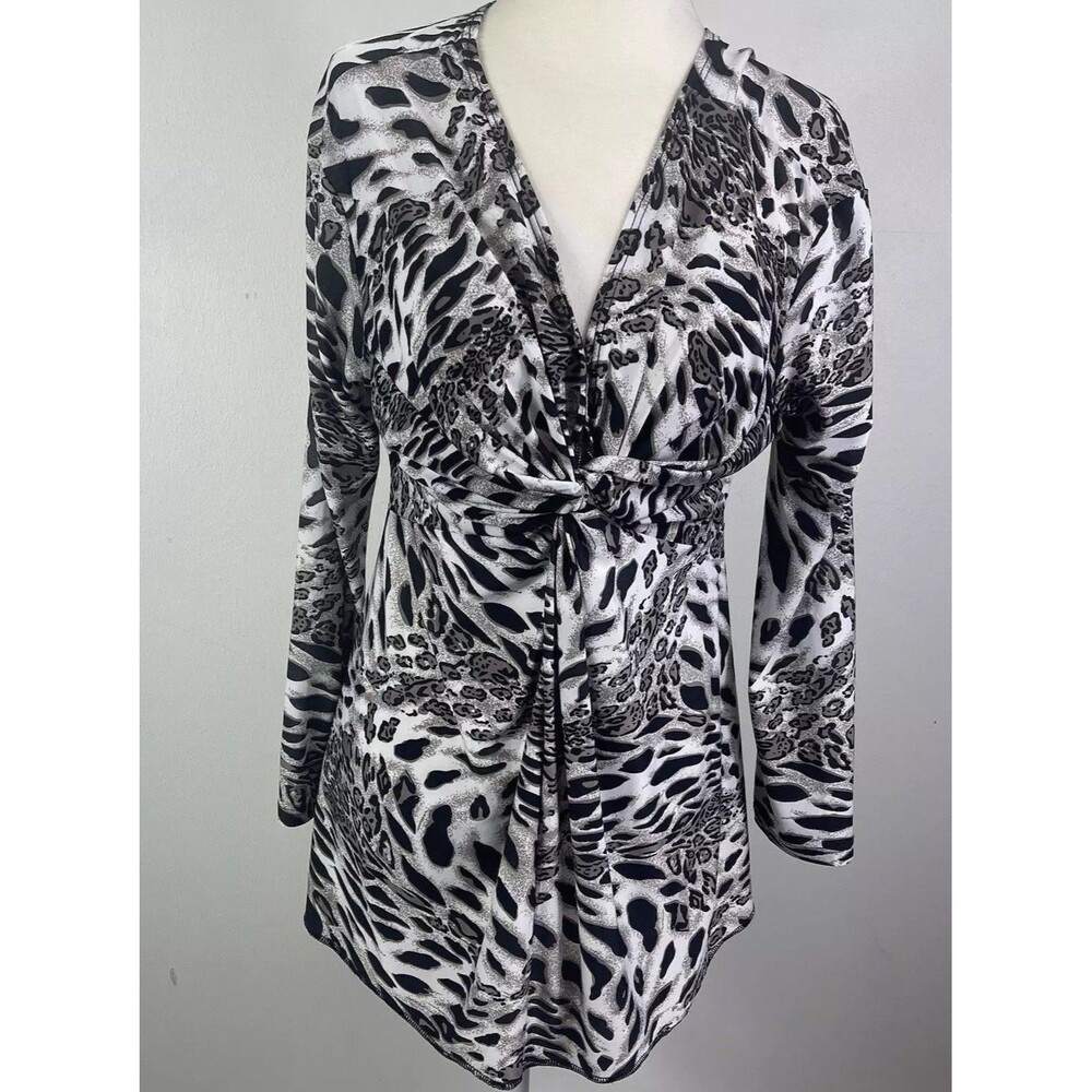 BOSTON PROPER Y2K Leopard Print Sexy V Neck Top Size S Ruched Fitted Gemma SOA